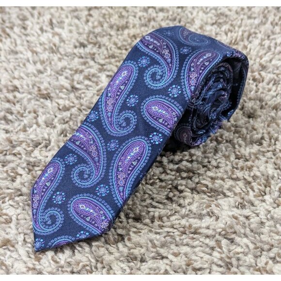 NEW Express Skinny Tie Men's Blue Purple Paisley Necktie 100% Silk Dress Slim - Picture 1 of 4